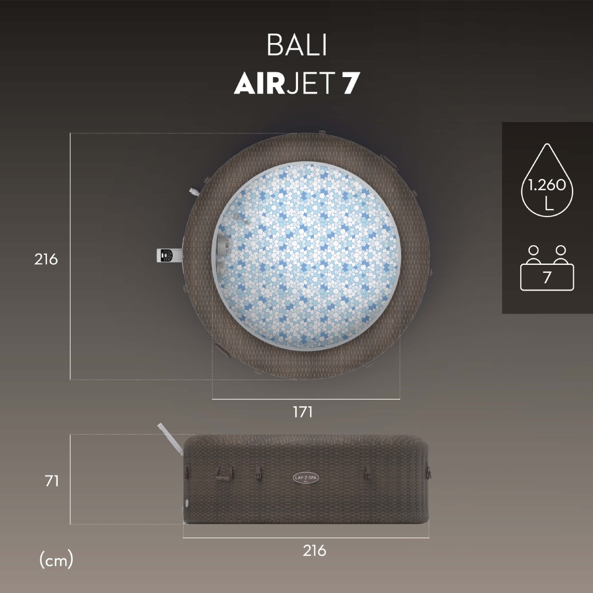 Średnica wewnętrzna wynosi 171 cm, a całkowita pojemność to 1260 litrów. Produkt został zaprojektowany do jednoczesnego użytku przez maksymalnie 7 osób.